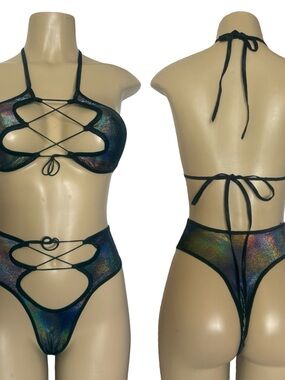 Iridescent Black Lace-Up Women's Bikini Set